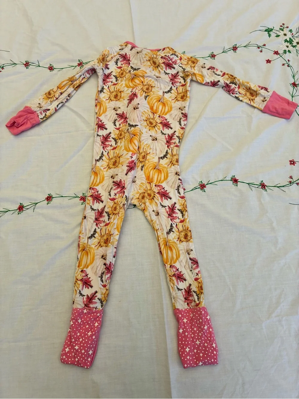 Legendairy Milk Tencel Floral Pumpkin Print Pink-Trim Kids Footed One-Piece